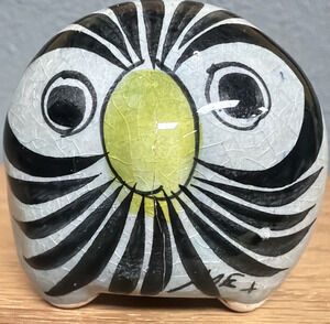 Vintage Mexican Tonala Pottery Owl Hand Painted Glazed Floral Yellow Nose As Is